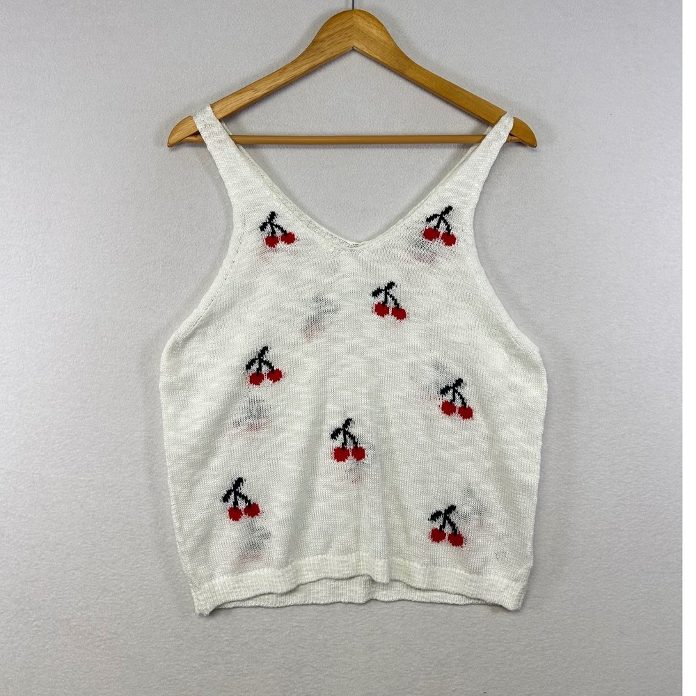 Francescas White Cherry Knit Tank Top Womens Size XL V Neck Sleeveless Summer